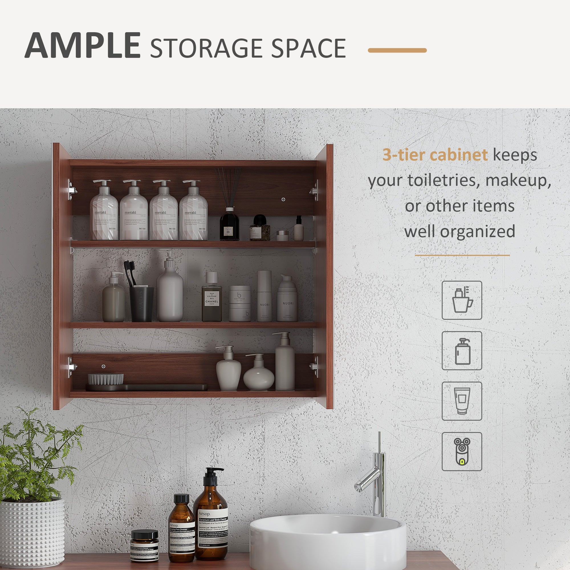 kleankin Double Door Bathroom Mirror Cabinet, Wall Mounted Bathroom Storage Cabinet, Soft Closing, 63L x 60Hcm 