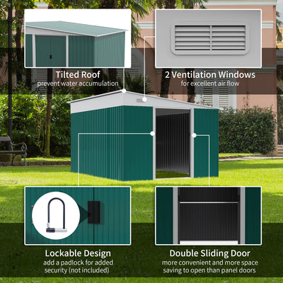 Outsunny Garden Metal Storage Shed Outdoor Metal Tool House with Double Sliding Doors and 2 Air Vents, 11.3x9.2ft, Green 