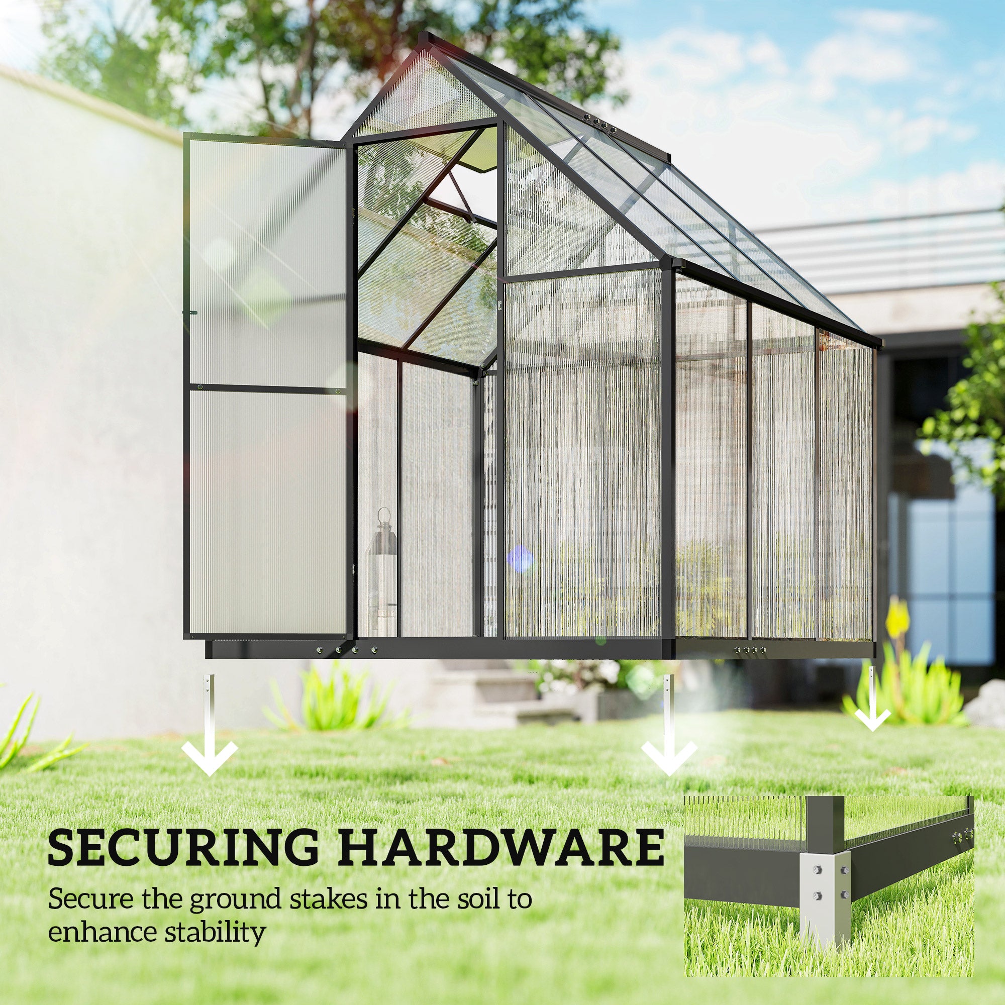 Outsunny Polycarbonate Greenhouse with Swing Door and Adjustable Window, Walk-in Greenhouse with Rain Gutter, 5.5 x 6ft, Black 