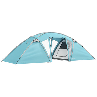 Outsunny 4-6 Man Family Camping Tent w/ 2 Bedrooms and a Living Room, Waterproof Tunnel Tent w/ Sewn In Groundsheet, Doors, Windows, Carry Bag, Blue 