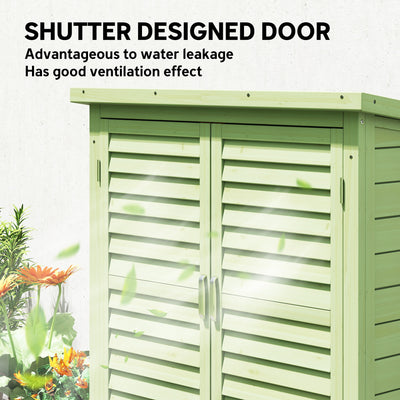 Outsunny Garden Shed Wooden Garden Storage Shed 2 Door Unit Solid Fir Wood Garage Tool Organisation Cabinet, 87L x 46.5W x 96.5Hcm, Green 