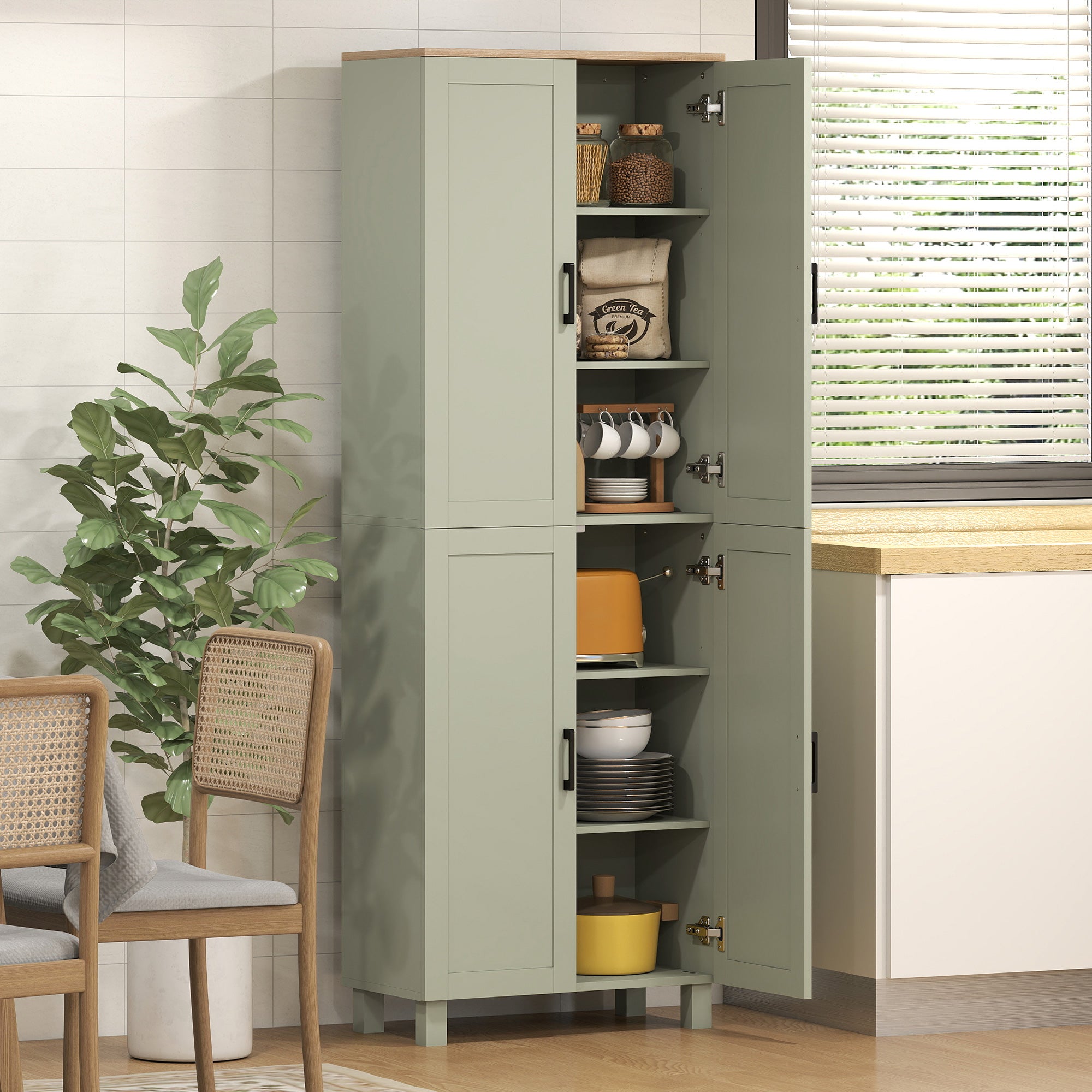 HOMCOM Freestanding Kitchen Cupboard, 4-Door Storage Cabinet with Adjustable Shelves, Modern Kitchen Pantry, 170cm, Green 