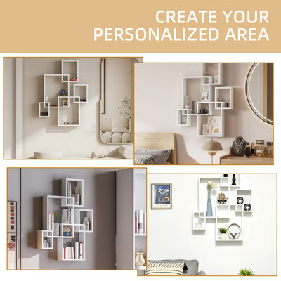 HOMCOM Floating Shelves, Wall Mounted Interlocking Cube Shelves, Display Wall Shelf for Living Room, Bedroom, Hallways, White 
