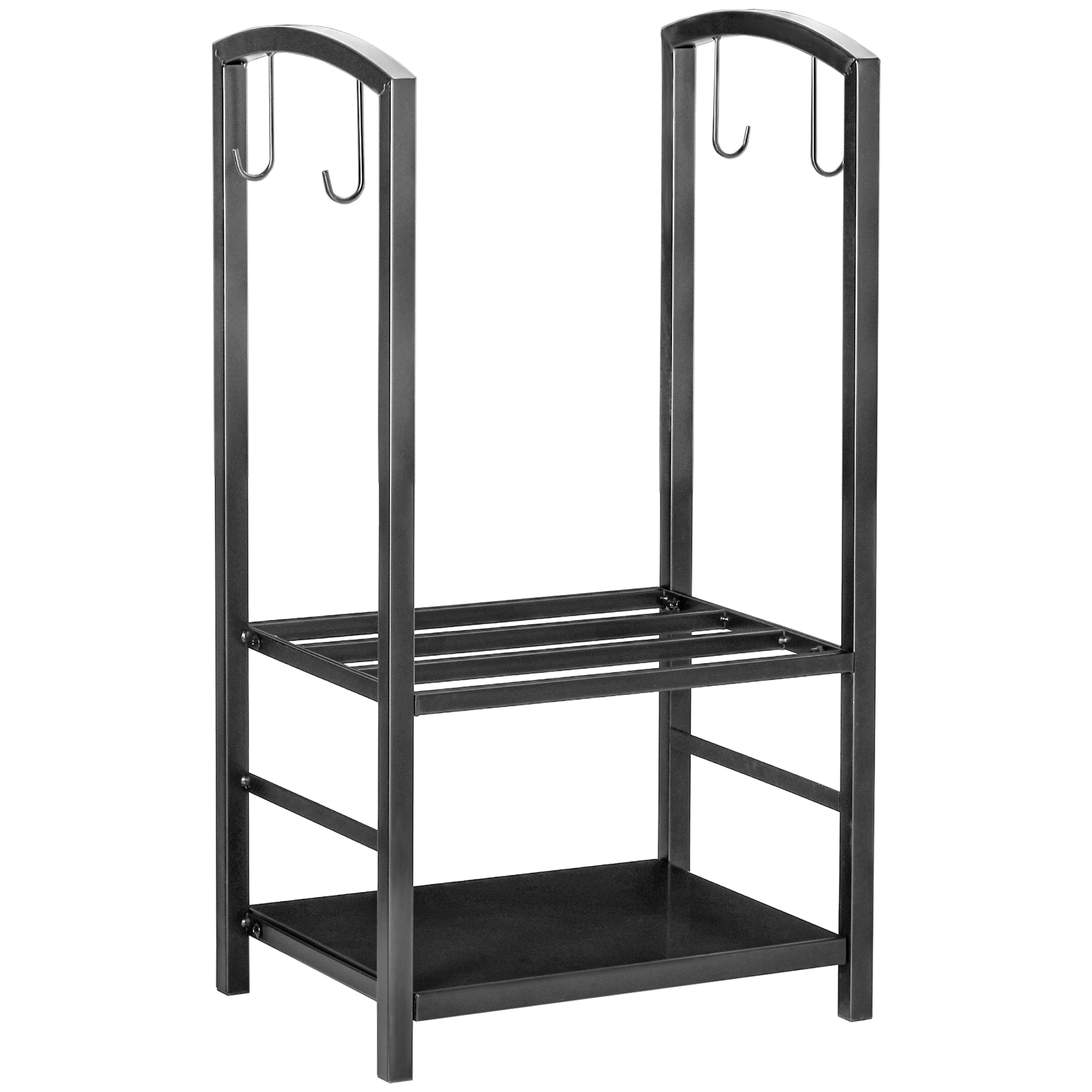 Outsunny Metal Firewood Log Holder 2 Layer Firewood Rack Indoor Outdoor Fireplace Wood Storage Shelf with 4 Tools and Hooks, Black, 40L x 30W x 74.5H cm 