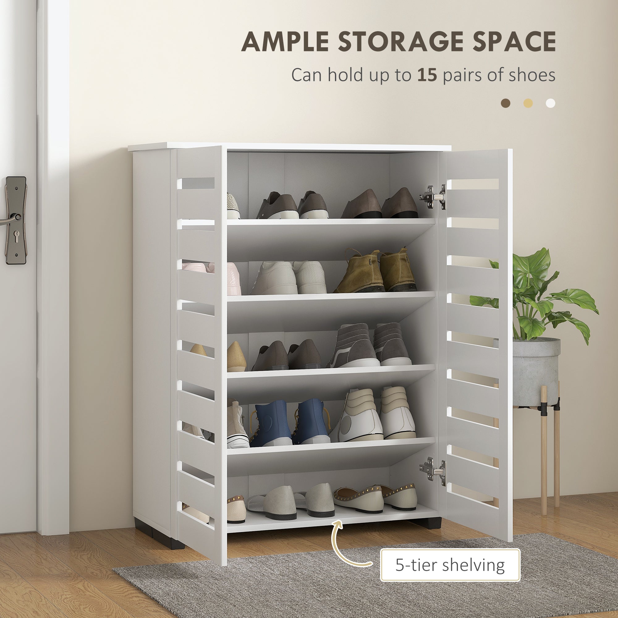 HOMCOM Narrow Shoe Cabinet for Entryway, 5-Tier Slim Shoe Storage Cabinet with 2 Slatted Doors and Adjustable Shelves 