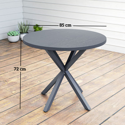 Outsunny Garden Table, 85cm Round Outdoor Dining Table with Steel Frame, Wood Effect Top, for Balcony, Deck, Dark Grey 