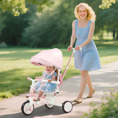 AIYAPLAY 5 in 1 Kids Trike with Adjustable Backrest, Toddler Tricycle with Push Handlebar, Adjustable Backrest, Pink 