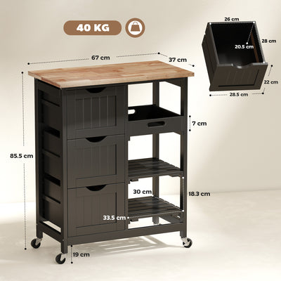 HOMCOM Rolling Kitchen Island Cart, Bar Serving Cart, Compact Trolley on Wheels with Wood Top, Shelves & Drawers for Home Dining Area, Black 