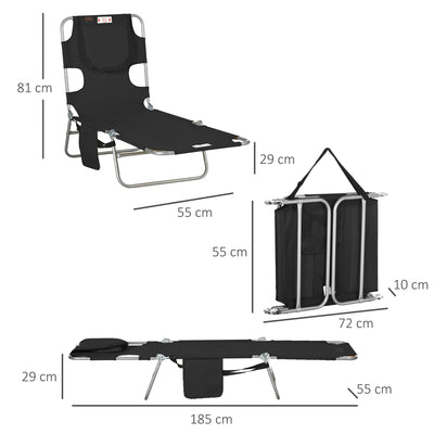 Outsunny Foldable Sun Lounger, Beach Chaise Lounge with Reading Hole, Arm Slots, 5-Position Adjustable Backrest, Side Pocket, Pillow for Patio, Garden, Beach, Pool, Black 