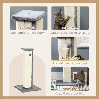 PawHut 81cm Cat Scratcher, Vertical Full Scratcher w/ Natural Sisal Rope, Hanging Ball, Soft Plush - Grey 