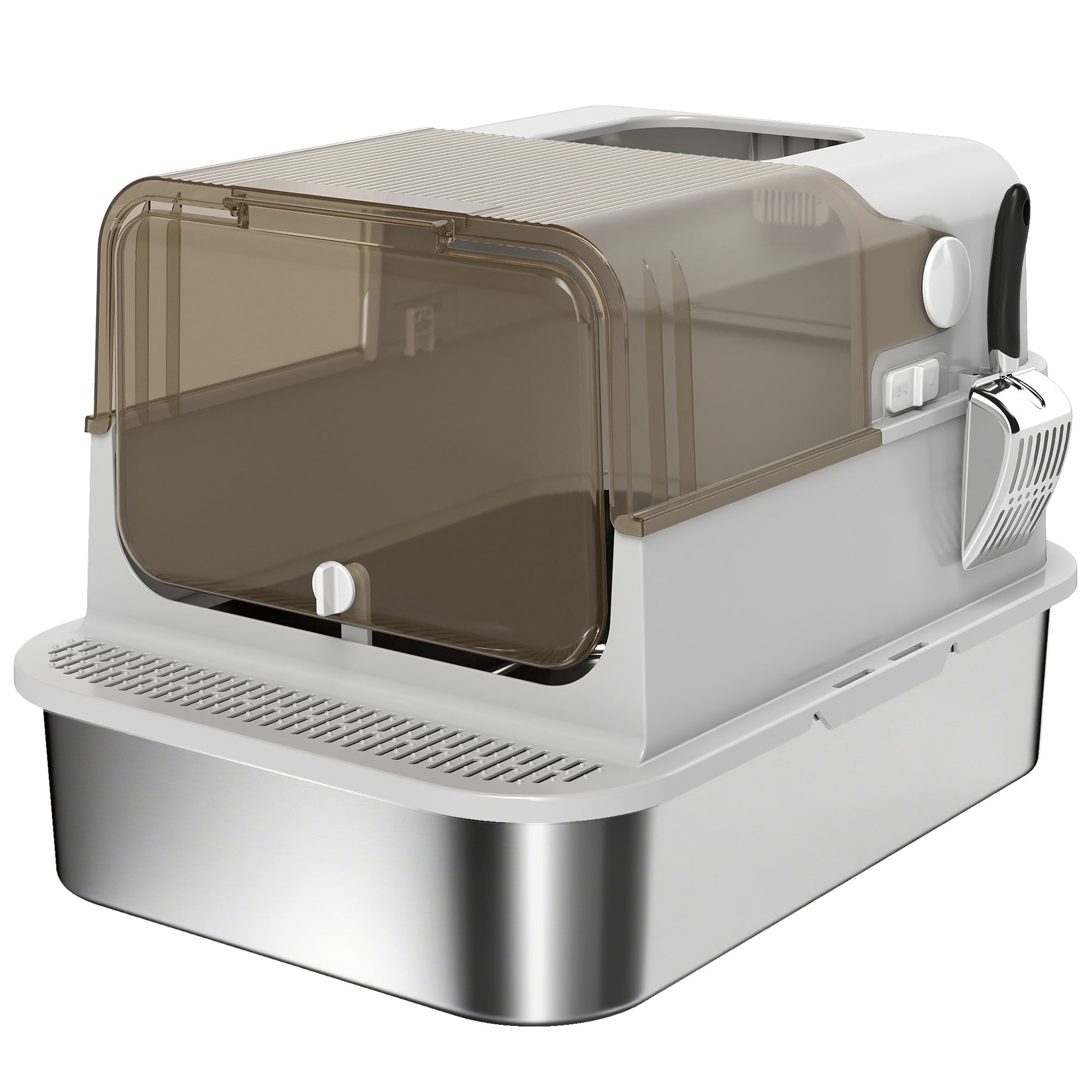 PawHut XXL Stainless Steel Cat Litter Tray, Enclosed Cat Litter Box with 90° Flip Cover, Double Doors, Scoop, Easy Clean, Grey 