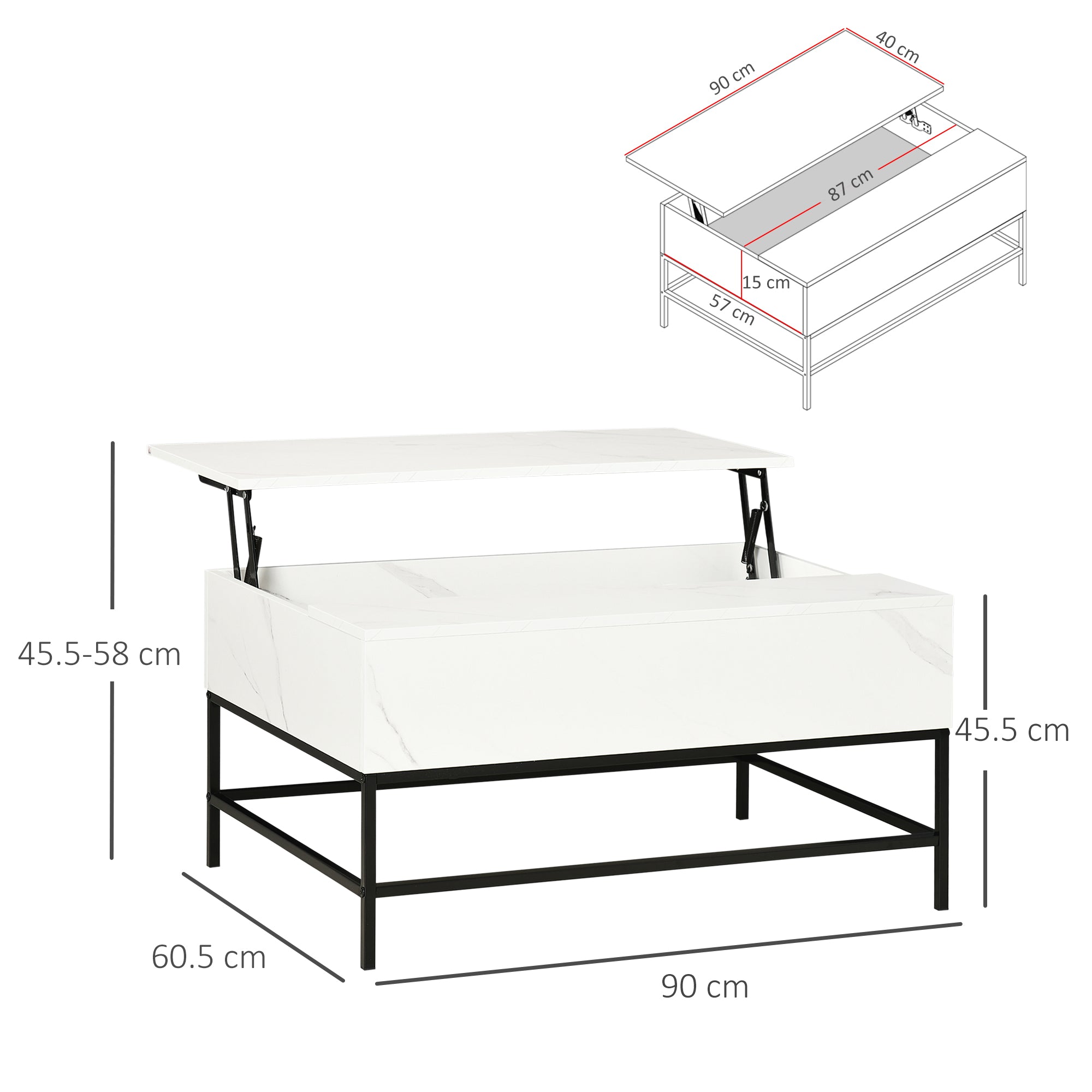 HOMCOM Modern Lifting Coffee Table with Hidden Compartment, Storage Coffee Table for Living Room, Faux Marble White 