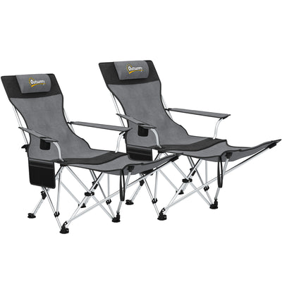 Outsunny Set of 2 Reclining Folding Camping Chair w/ Detachable Footrest, Storage Bag, Cup Holder & Headrest, Lightweight Portable Camp Chair for Beach, Picnic, Grey and Black 