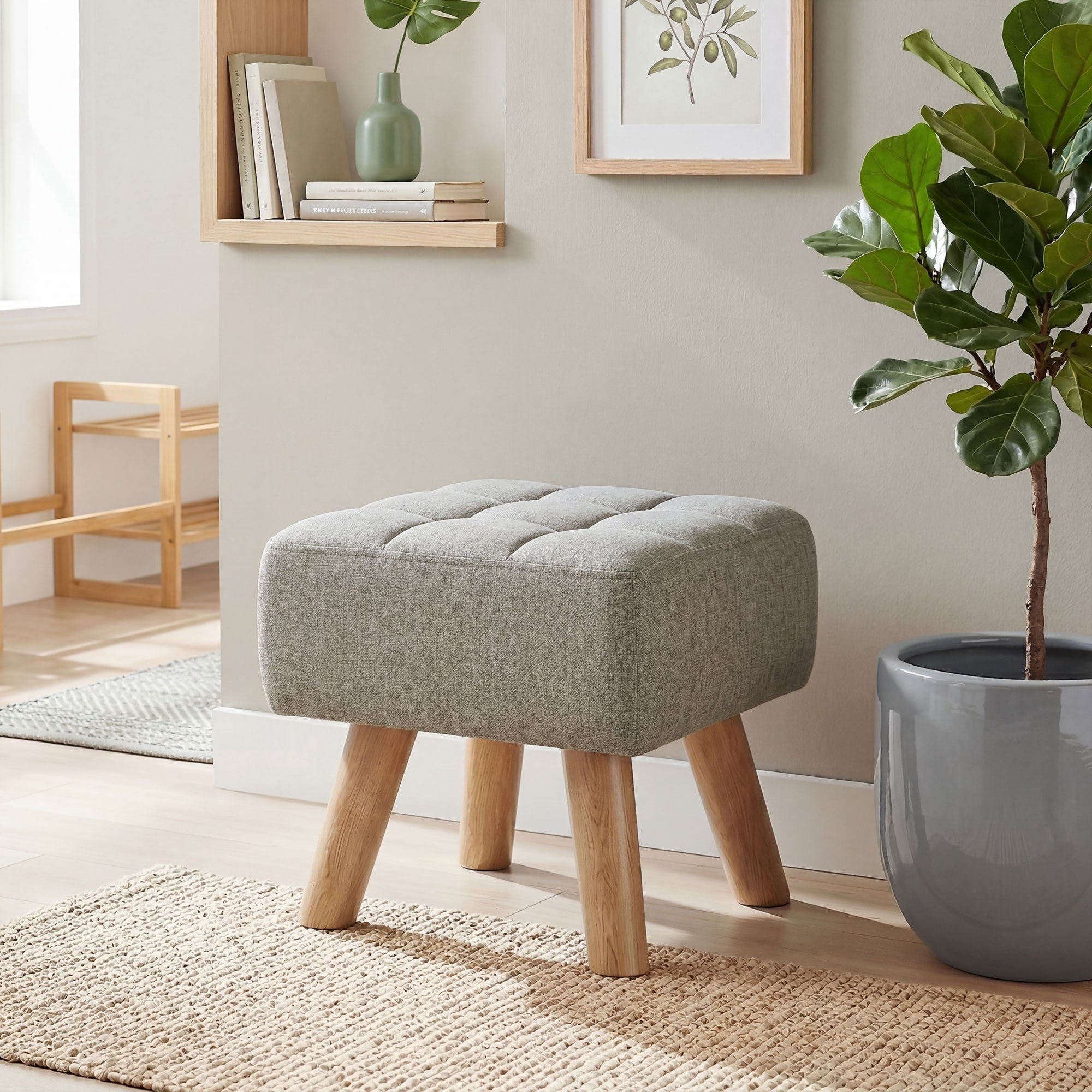HOMCOM Linen-Look Square Padded Footstool - Light Brown 