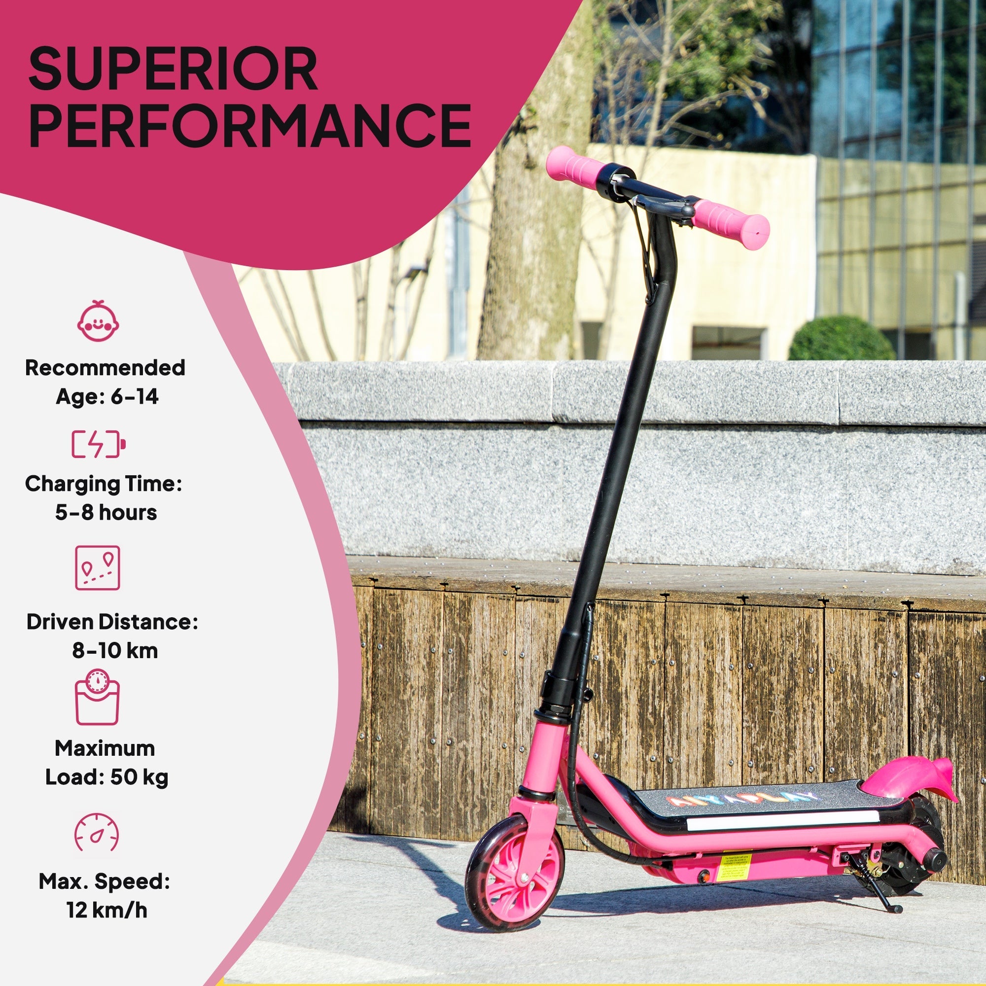 AIYAPLAY Electric Scooter for Kids Ages 6-14, with Dual Brakes, Flash Wheel and Colourful Light, Kids Electric Scooter E Scooter, Up to 12 KM/H & 10 KM, Pink 