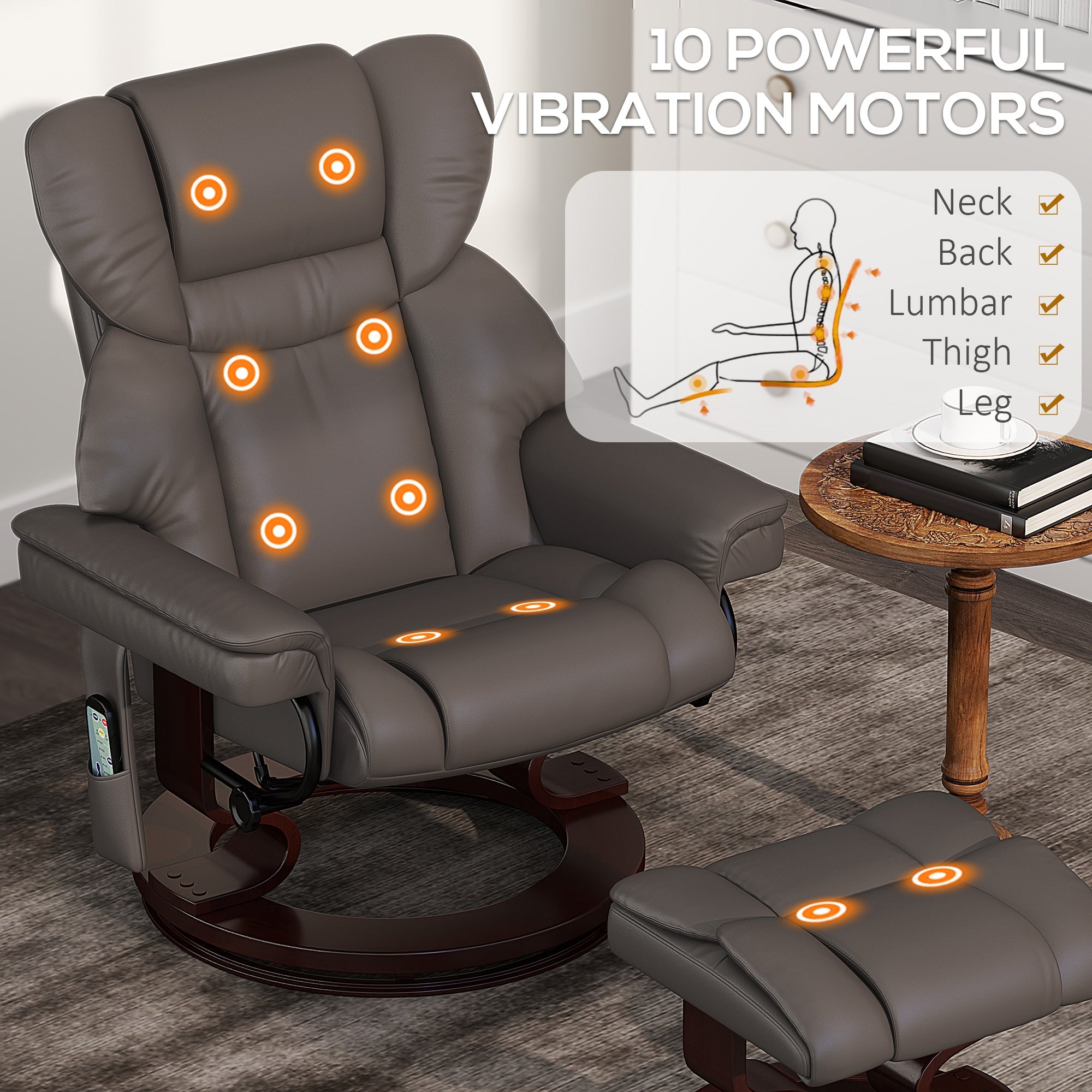 HOMCOM Massage Recliner Chair with Footstool, Upholstered Reclining Armchair with Adjustable Backrest, Steel Frame and Wood Base, Swivel Chair for Living Room, Bedroom, Brown 