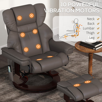 HOMCOM Massage Recliner Chair with Footstool, Upholstered Reclining Armchair with Adjustable Backrest, Steel Frame and Wood Base, Swivel Chair for Living Room, Bedroom, Brown 
