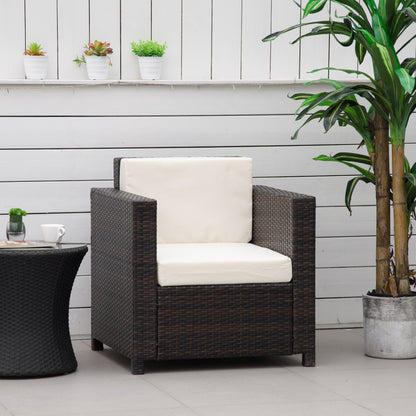 Outsunny Single Seater Rattan Chair, PE Wicker Garden Armchair with 10 cm Thickened Cushion, All-Weather Rattan Garden Chair with Armrests, Brown 