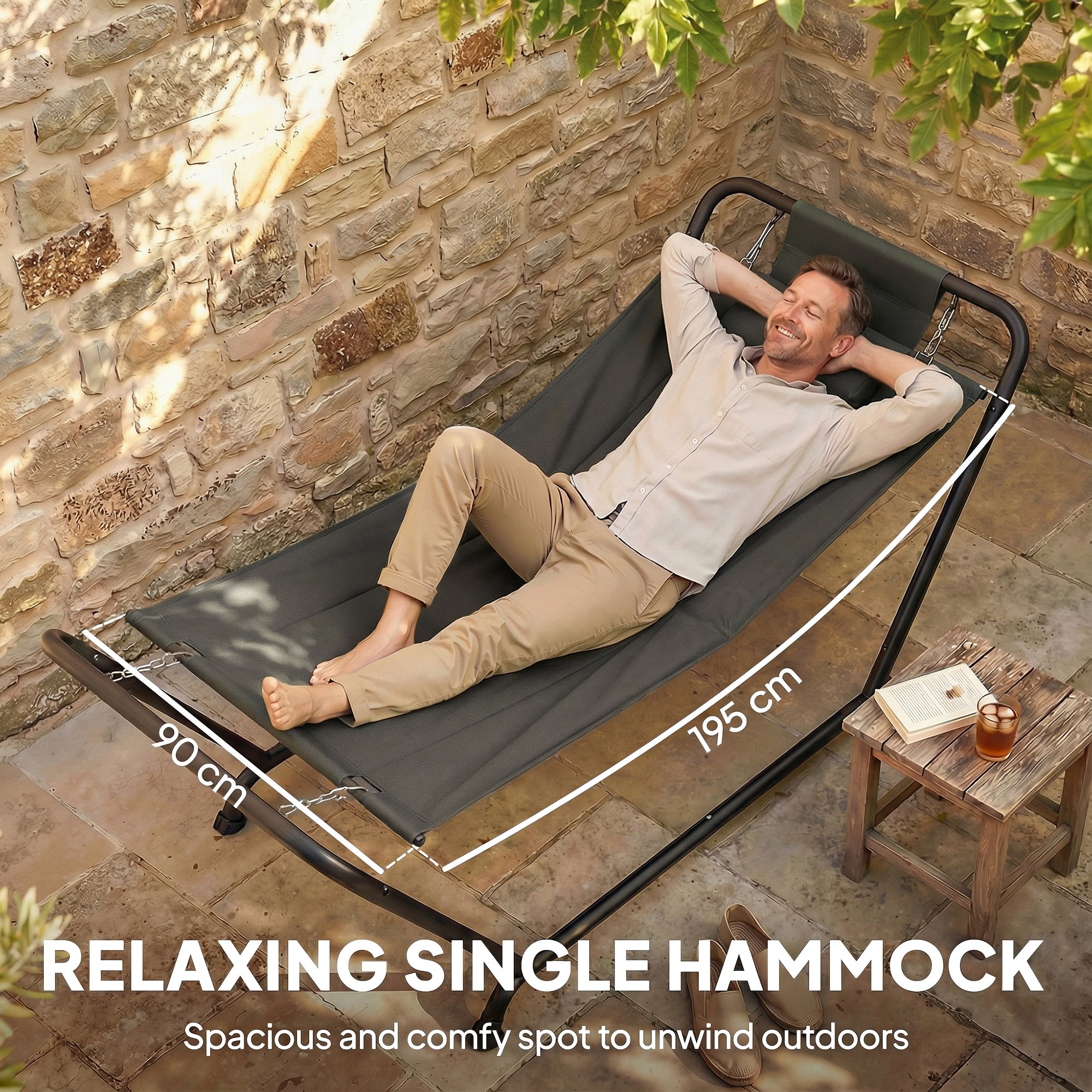 Outsunny Outdoor Hammock with Stand, Freestanding Hammock with Side Pocket, Headrest for Patio, Balcony, Porch, Dark Grey 