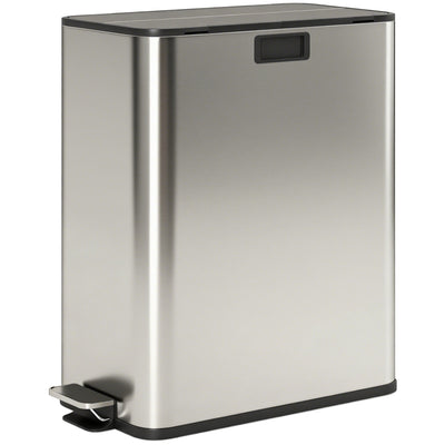 HOMCOM Dual Kitchen Bin with Soft-Close Butterfly Lid, 2 x 28L Stainless Steel Pedal Bin with Removable Inner Buckets, Fingerprint-Proof for Recycling and Waste, Silver Tone 