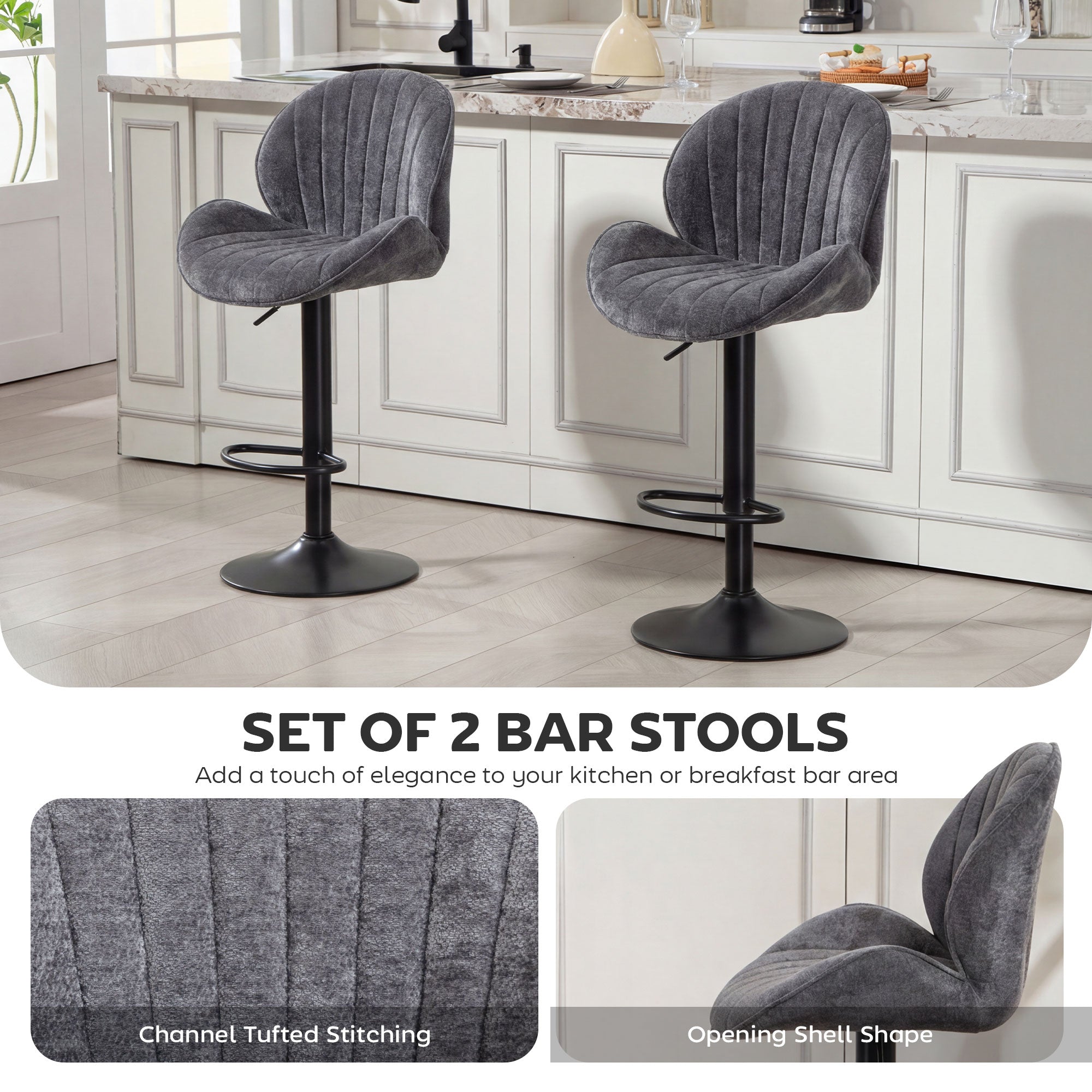 HOMCOM Bar Stools Set of 2, Swivel Barstools with Back, Adjustable Height and Footrest for Kitchen Island, Dining Room, Grey 