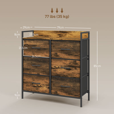 HOMCOM Rustic Chest of Six Fabric Drawers - Rustic Brown 