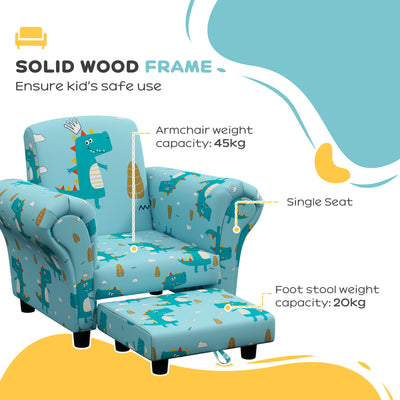 AIYAPLAY 2 Piece Kids Sofa Set with Dinosaur Design, Wooden Frame, for 1.5-3 Years Old, Blue 
