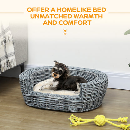 PawHut Wicker Pet Bed Willow Dog Cat Sofa Couch Puppy Basket with Cushion Grey 57L x 46W x 17.5H cm 