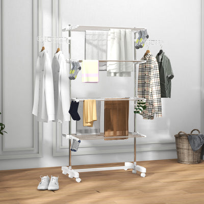 HOMCOM Four-Shelf Collapsing Clothes Horse, With Side Arms and Wheels - White 