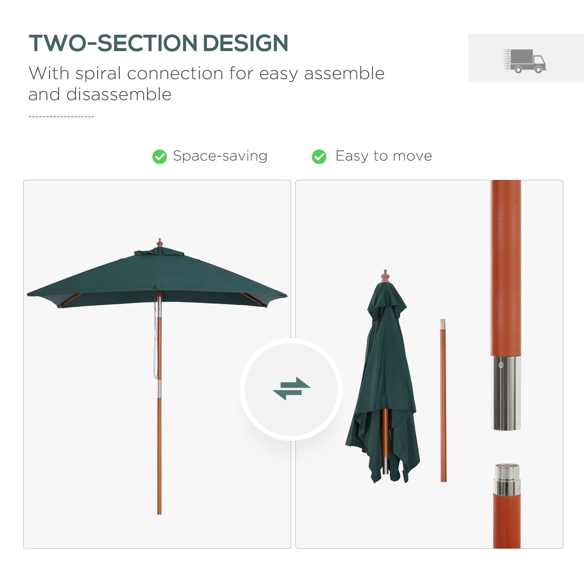 Outsunny 2m x 1.5m Garden Parasol Umbrella with Tilting Sunshade Canopy, Outdoor Market Table Umbrella with Wood and Bamboo Frame, Green 