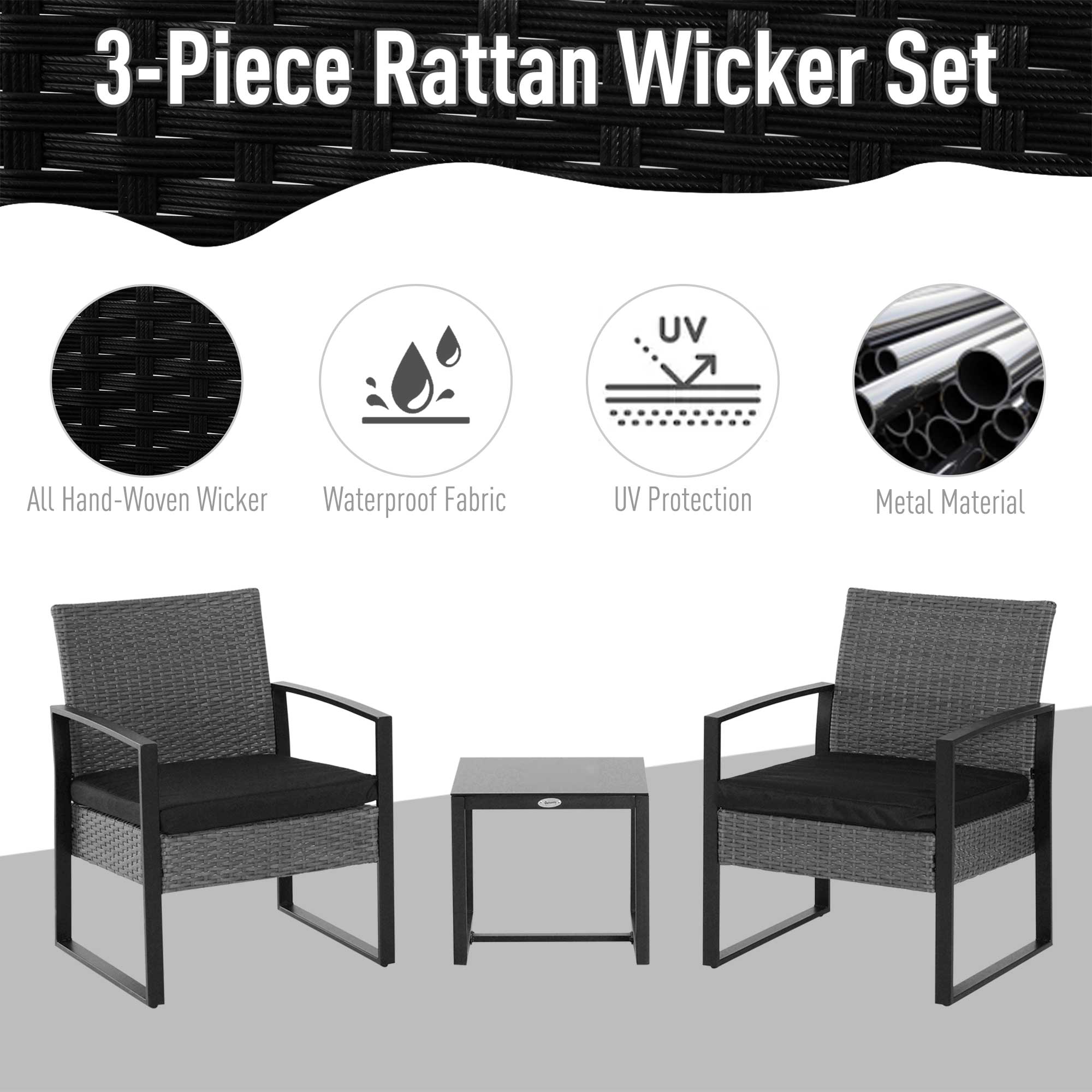 Outsunny 2 Seater Rattan Patio Set W/ Cushions-Grey/Black 