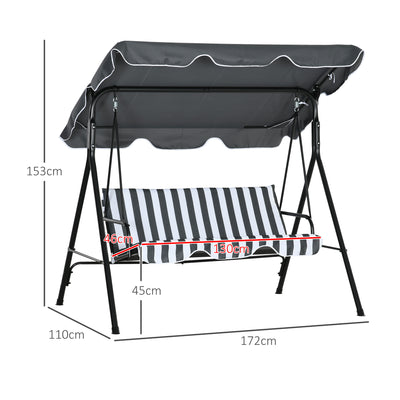 Outsunny Three-Seater Garden Swing Chair, with Adjustable Canopy - Grey Stripe 