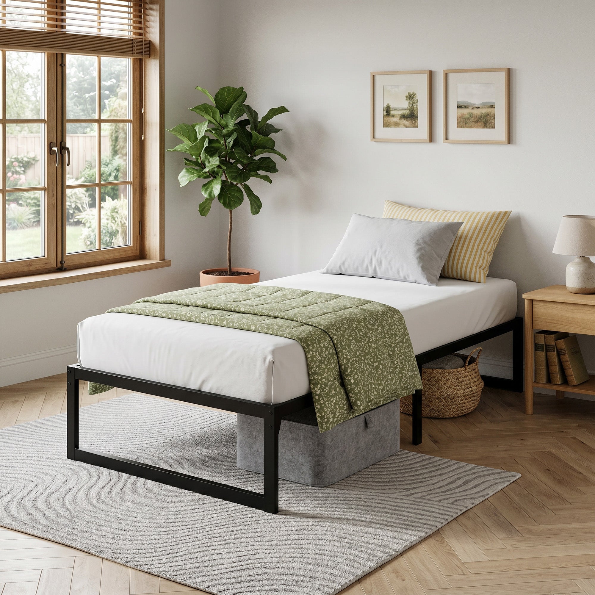 HOMCOM 3ft Single Bed Frame with Underbed Storage and Steel Slat Support, 32.5 cm Height, Noise-Free, Black