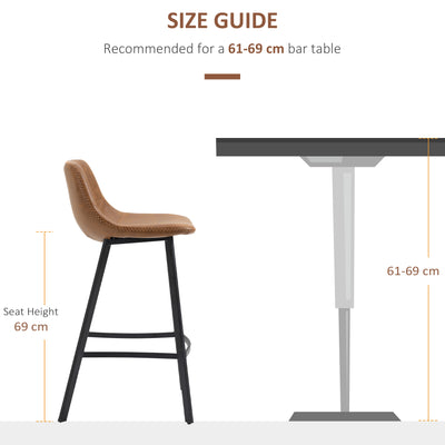 HOMCOM Bar Stools Set of 2, Industrial Kitchen Stool, Upholstered Bar Chairs with Back, Steel Legs, Brown 