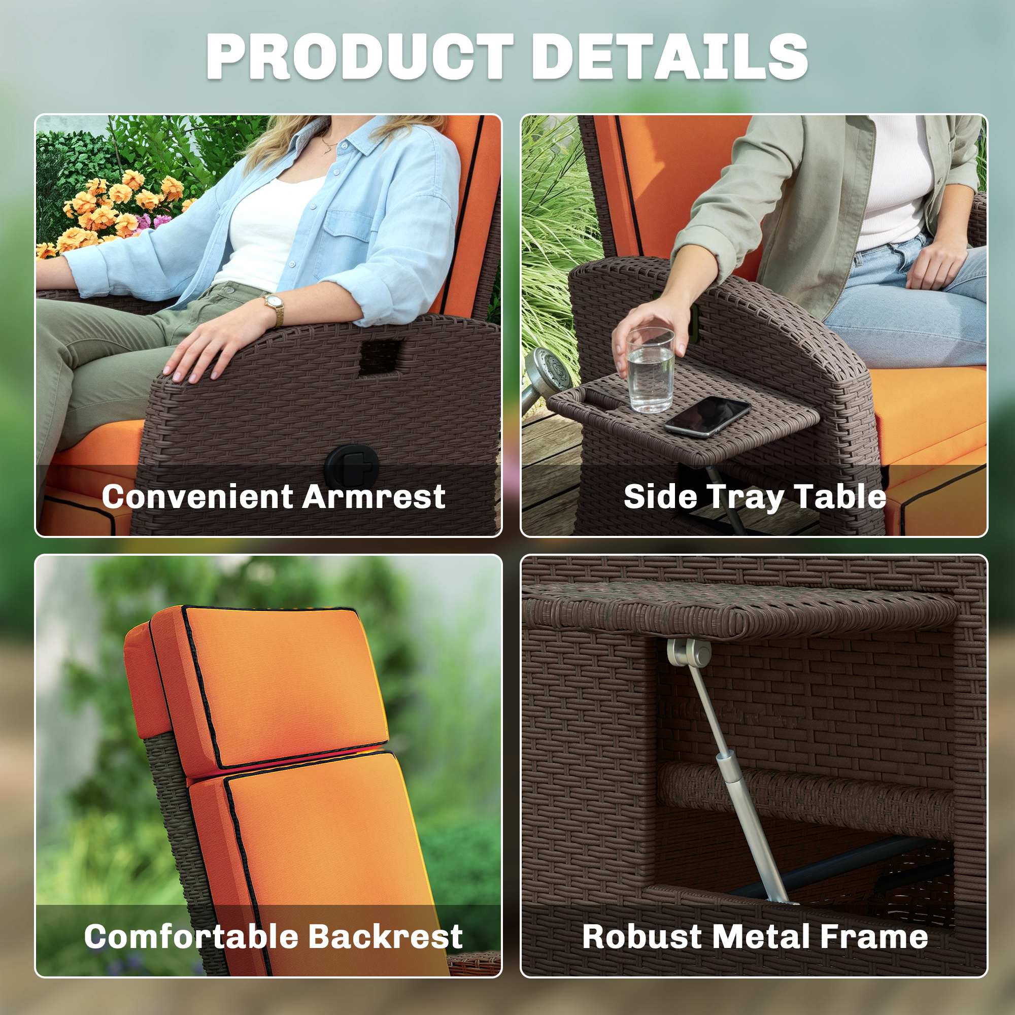 Outsunny Garden Recliner with Cushion, Outdoor Recliner Chair with Adjustable Backrest & Footrest, Side Tray, Orange 