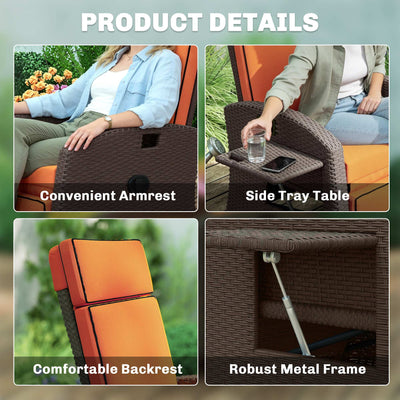 Outsunny Garden Recliner with Cushion, Outdoor Recliner Chair with Adjustable Backrest & Footrest, Side Tray, Orange 