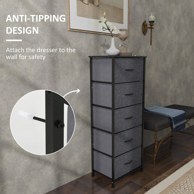 HOMCOM Fabric Chest of Drawers, Storage Drawers, Industrial Bedroom Dresser with 5 Fabric Drawers, Steel Frame and Wooden Top for Nursery, Living Room, Hallway, Dark Grey 