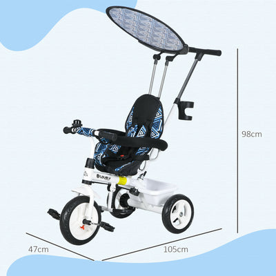 HOMCOM 6 in 1 Tricycle for Kids with 5-point harness straps, Removable Canopy, Blue 