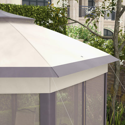 Outsunny 3 x 4m Garden Gazebo Hexagon Pop Up Party Tent Canopy Double Roof Instant Shelter with Netting and Carry Bag for Outdoor Patio, Beige 