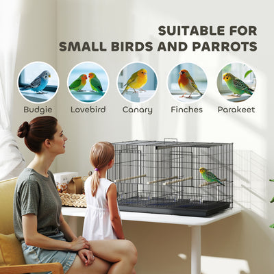 PawHut Bird Cage with Divider, 4 Wooden Perches, Slide Out Tray, 4 Feeders, for Budgie, Lovebird, Canary, 76 x 46 x 46cm, Black 