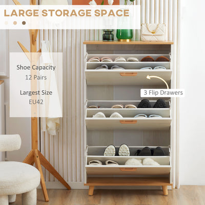 HOMCOM Narrow Shoe Cabinet, Slim Shoe Storage Cabinet with 3 Flip Drawers and Adjustable Shelves, 12 Pair of Shoes Organizer for Hallway, Entryway, White 