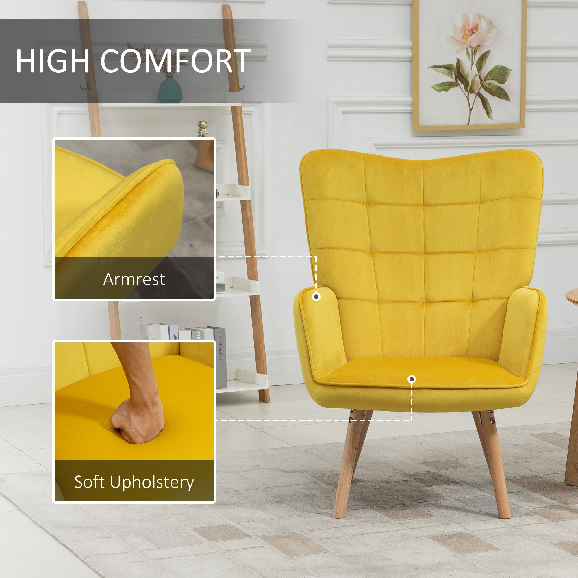 HOMCOM Modern Accent Chair, Upholstered Tufted Wingback Armchair with Seat Padding, Leisure Lounge Bedroom Chair with Wood Legs, Yellow 