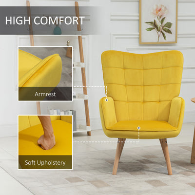 HOMCOM Modern Accent Chair, Upholstered Tufted Wingback Armchair with Seat Padding, Leisure Lounge Bedroom Chair with Wood Legs, Yellow 