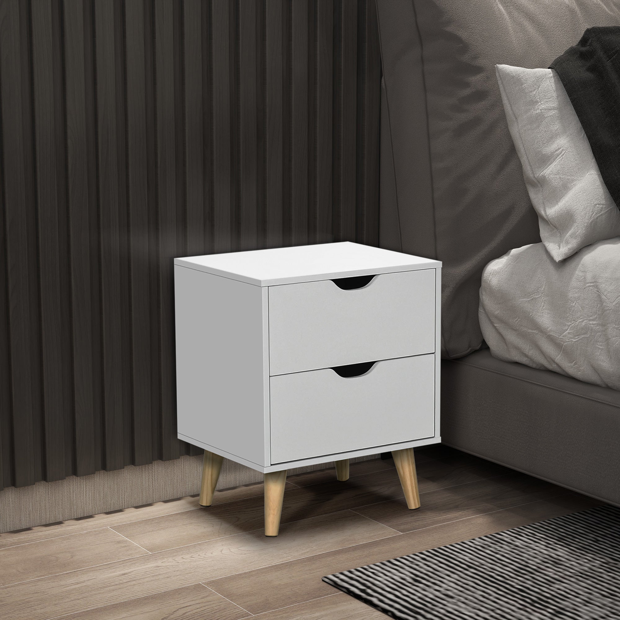 HOMCOM Bedside Table, Bedside Cabinet with 2 Drawers, Side End Table with Pine Wood Legs for Bedroom Living Room, White 