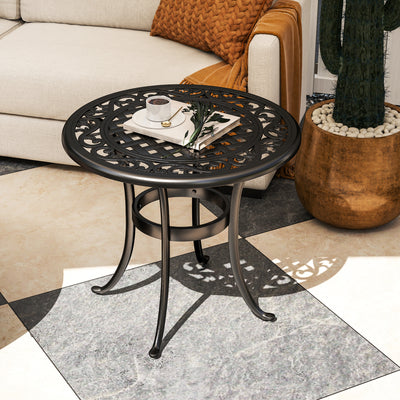 Outsunny 60cm Round Garden Table, Outdoor Hollow Top Design Side Table with Cast Aluminium Frame for Patio, Garden, Balcony, Black 