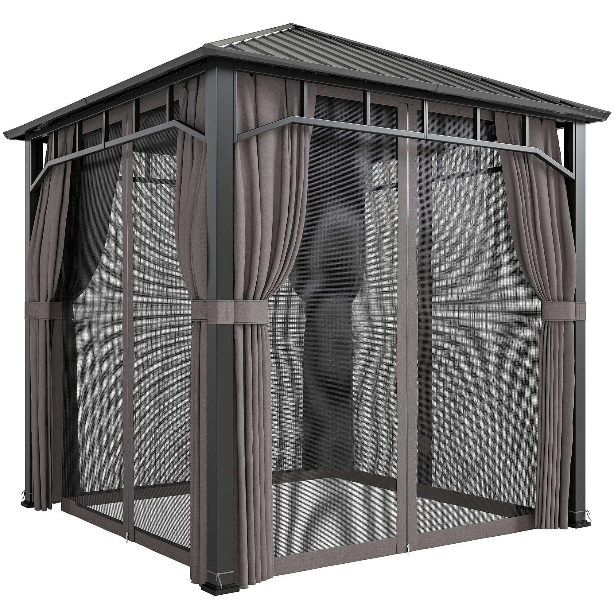Outsunny 2.5 x 2.5 m Hardtop Gazebo with Galvanised Steel Roof, Waterproof Permanent Pavilion Garden Gazebo with Netting and Curtains for Patio, Deck, Dark Grey 