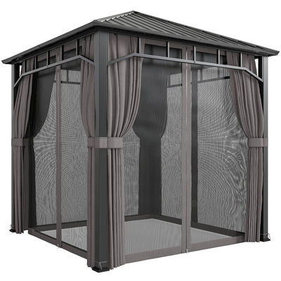 Outsunny 2.5 x 2.5 m Hardtop Gazebo with Galvanised Steel Roof, Waterproof Permanent Pavilion Garden Gazebo with Netting and Curtains for Patio, Deck, Dark Grey 