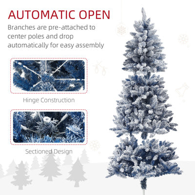 HOMCOM 6ft Flocked Artificial Christmas Tree with 700 Snow Frosted Tips, Metal Stand, Snowy Hinged Xmas Tree, Blue 