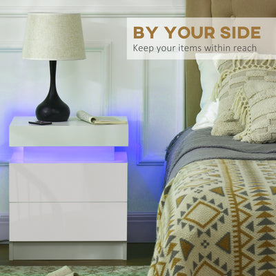 HOMCOM Set of 2 White Bedside Tables with LED Lights, High Gloss Front Nightstands with 4 Drawers 