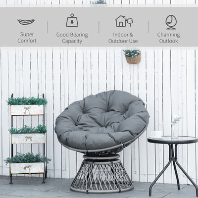 Outsunny 360\'c2\'b0 Swivel Rattan Papasan Moon Bowl Chair Round Lounge Garden Wicker Basket Seat with Padded Cushion Oversized for Outdoor Indoor, Grey 